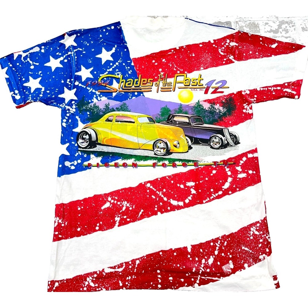 Vintage Hot Ro Shirt Men Large All Over Print Single Stitch USA Flag Car Show